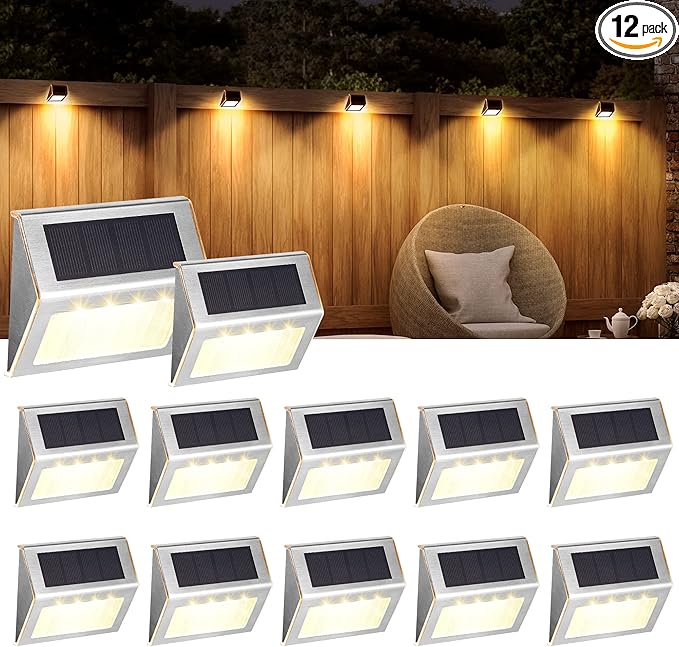 SOLPEX Solar Step Lights - 12 Pack Solar Powered Deck & Stairway Lights, Outdoor Fence Pathway Porch Garden (Warm White)