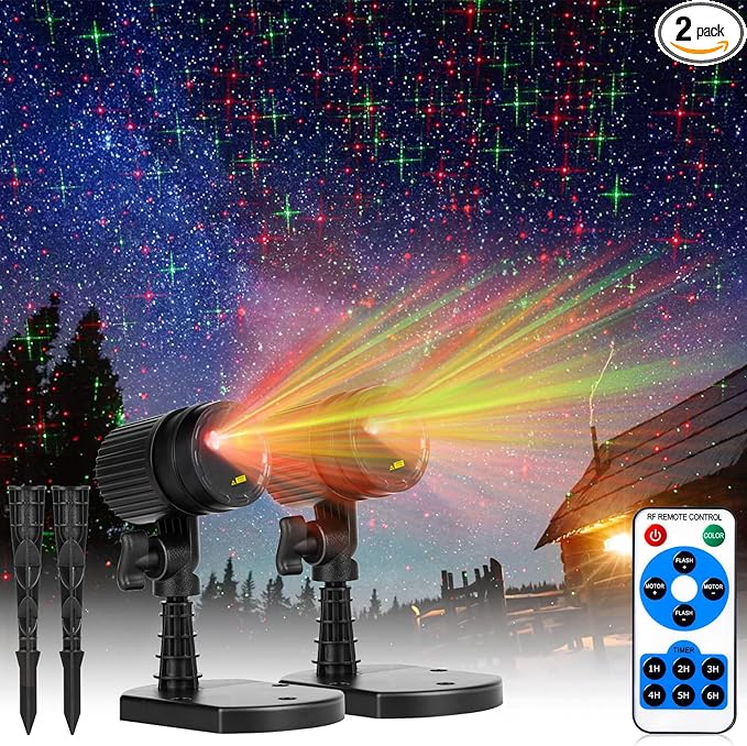 Moonflor 2 Pack Christmas Laser Lights Outdoor, Red and Green Moving Outdoor Laser Light, Starry Projection Light 3 Working Modes Waterproof Landscape Lights for Garden House Christmas Decoration