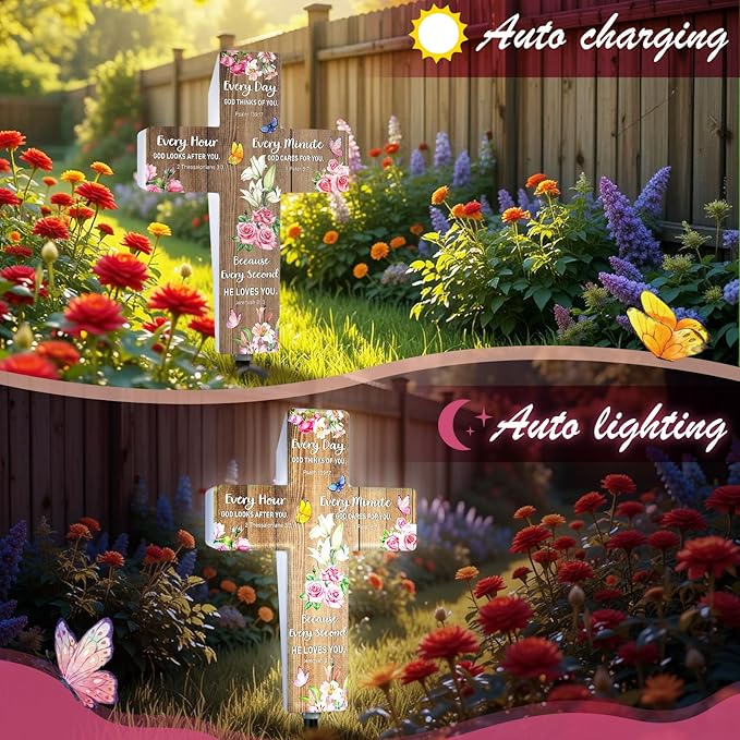 Retisee Christian Solar Cross for Cemetery Grave Garden Stake Light Decor Sympathy Memorial Gift Remembrance Biblical Religious Waterproof Light Outdoor Spring Butterfly Flower Stake for Yard Lawn
