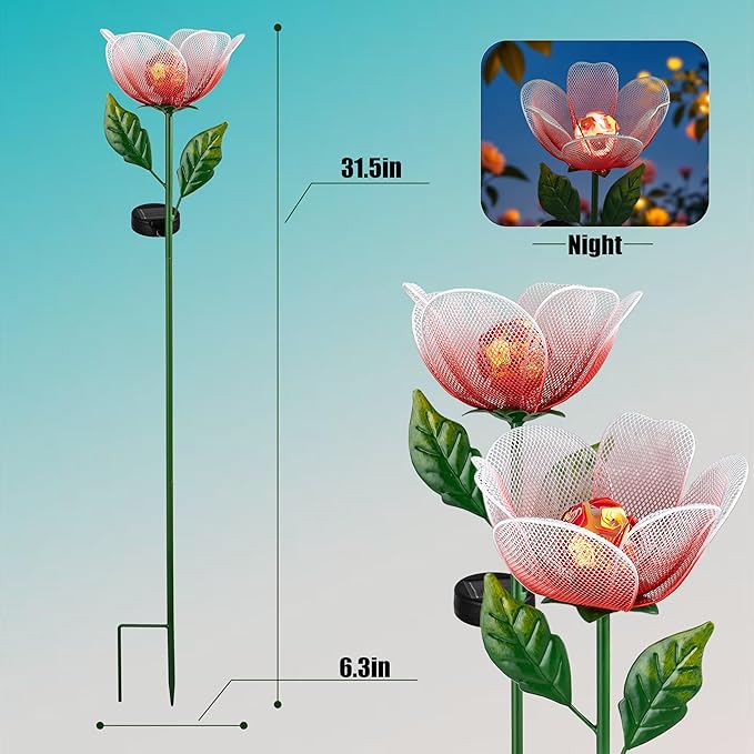 Solar Garden Lights,2 Pack Solar Metal Flowers with Breathing Light,Yard Pathway Lights Outdoor Solar Powered,Outside Lights for Yard Garden Outdoor Pathway Decor