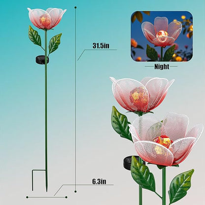 Solar Garden Lights,2 Pack Solar Metal Flowers with Breathing Light,Yard Pathway Lights Outdoor Solar Powered,Outside Lights for Yard Garden Outdoor Pathway Decor
