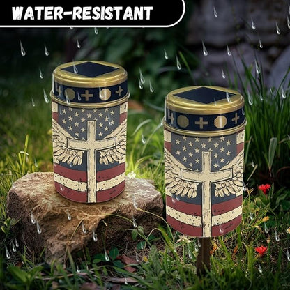 Solar Garden Lights for Cemetery, Cross American Flag Eternal Lights for Cemetery Grave Decorations
