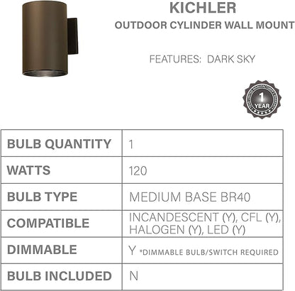 Kichler 9236AZ Outdoor Cylinder Wall Mount Sconce DownLight, Bronze 1-Light (6" W x 8" H) 120 Watts
