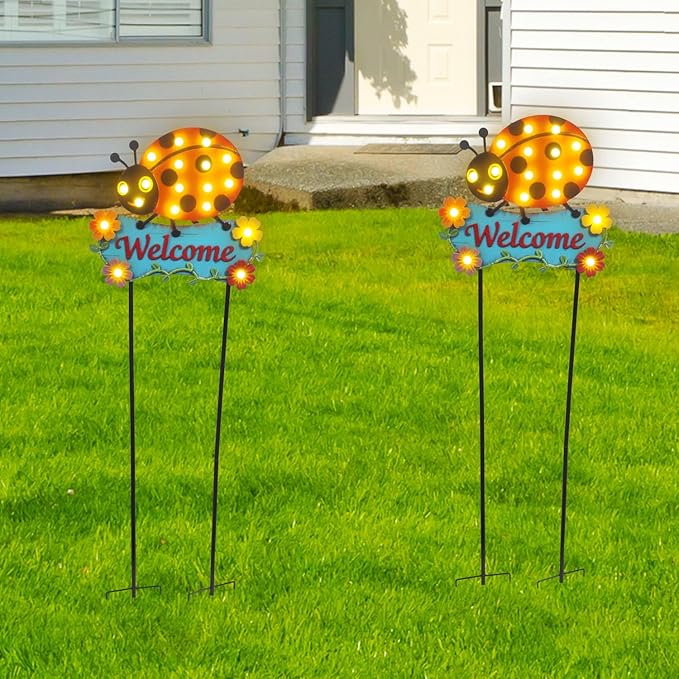 Garden Stakes Decorative 43.3inch with Large Metal Welcome Sign, Solar Pathway Lights Outdoor Waterproof with 18 | Lumora