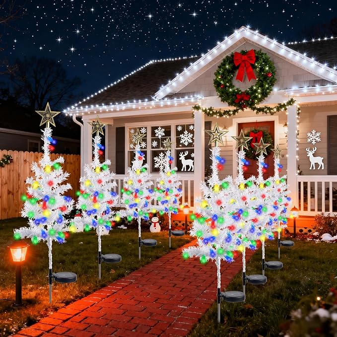 2 Pack 39'' Solar Christmas Tree Lights Outdoor - Large White Solar Christmas Tree with 100 LED Multi-Color C6 String Lights for Outside Decorations, Xmas Trees Decor for Yard Pathway Cemetery