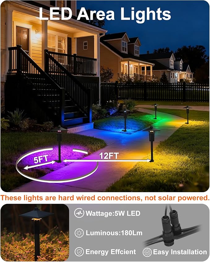 RGB Pathway Lights Low Voltage, 5W 12V Waterproof Wired LED RGB Color Changing Low Voltage Landscape Lighting for Outdoor Pathway Path Walkway Garden of Christmas, Heavy Duty, Black, 1PK