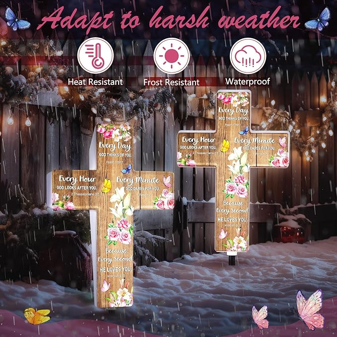 Retisee Christian Solar Cross for Cemetery Grave Garden Stake Light Decor Sympathy Memorial Gift Remembrance Biblical Religious Waterproof Light Outdoor Spring Butterfly Flower Stake for Yard Lawn