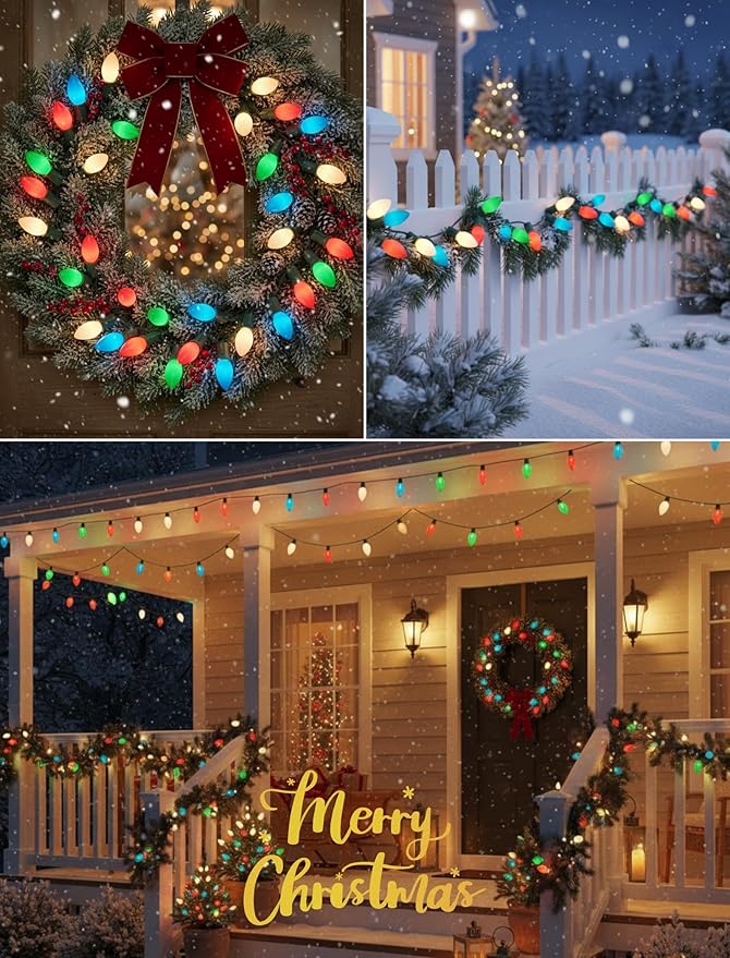25FT C9 Christmas Lights Multi-Color String Lights with 26 Incandescent Lights, Outdoor String Light for Patio Christmas Tree Decor, 7 Watt Ceramic C9 Light C9/E17 Base