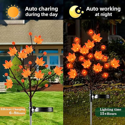 2 Pack 40LED Solar Outdoor Maple Leaf Lights for Fall Decor-3D Maple Pumpkin Thanksgiving Lights with 2 Modes | Waterproof Solar Garden Lights for Yard, Pathway, Halloween, Christmas Decorations