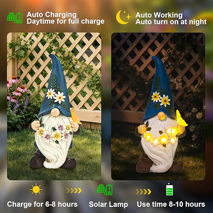 DKJOCKY Gnome Garden Decor Statue with Solar Light Lantern, Funny Waterproof Resin Figurine Outdoor Decorations for Yard Patio Lawn Balcony Porch, Birthday Gifts for Women Mom Grandma