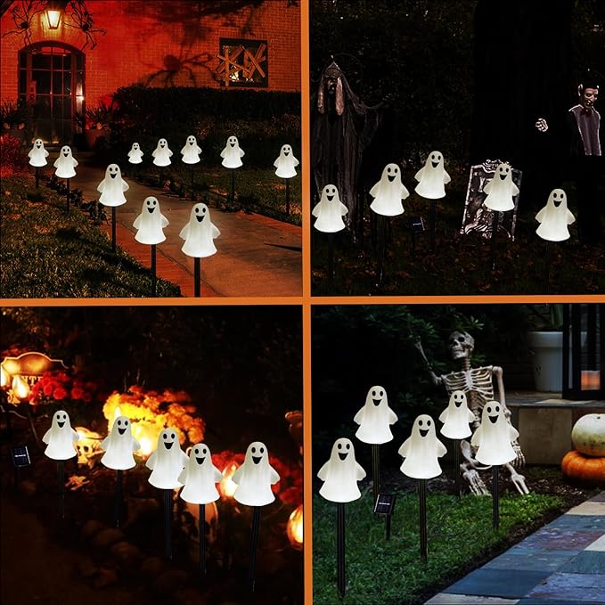 Solar Halloween Ghost Pathway Lights Decorations, Halloween Ghost Stake, Lighted 3D Ghost Outdoor Waterproof for Garden, Pathway and Yard Decoration (White, 5 Pack)