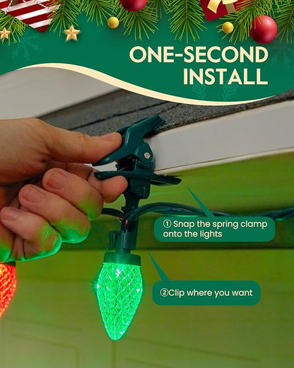 C9 LED Christmas Lights Outdoor with 110 Spring Clips, 65FT 110 LED C9 String Lights Waterproof Connectable for Roofline Patio House Yard Windows Xmas Tree Indoor Outdoor Christmas Decor, Red Green