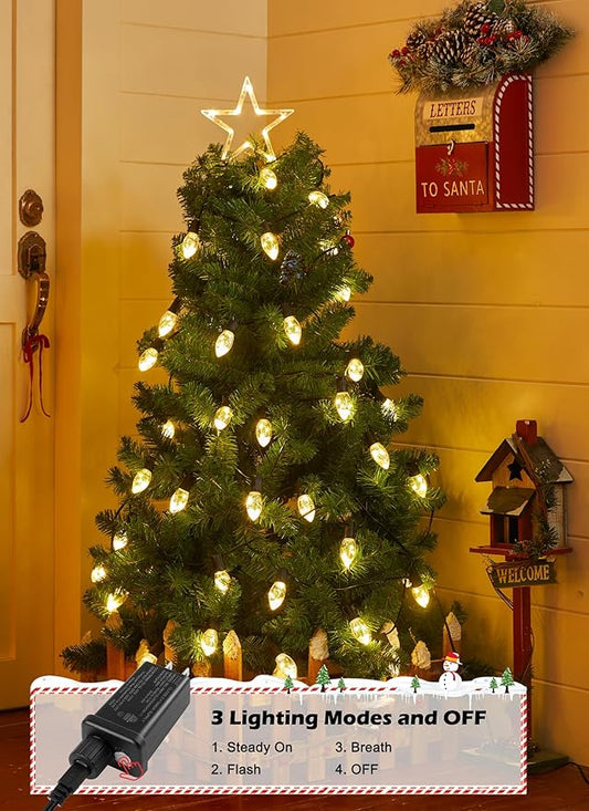 C9 LED Christmas Lights Outdoor, 25 Ft C9 String Lights with 20 Shatterproof LED Bulbs, 3 Light Mode, Connectable Waterproof Christmas Tree Lights for Outside Indoor Holiday Garden Decor, Warm White