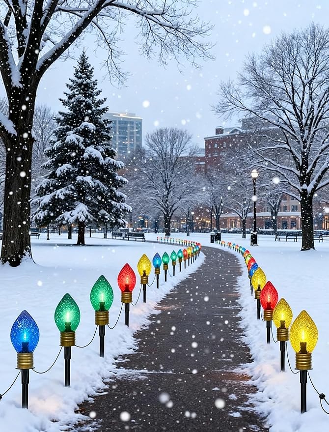 2 Pack Jumbo C9 Christmas Pathway Lights Outdoor, 7FT LED With Marker Stakes, Diamond Pattern Multicolor Light Bulb for Lawn Yard Garden Christmas Decor
