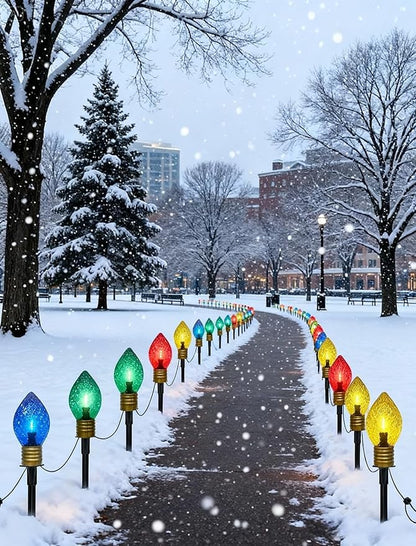 2 Pack Jumbo C9 Christmas Pathway Lights Outdoor, 7FT LED With Marker Stakes, Diamond Pattern Multicolor Light Bulb for Lawn Yard Garden Christmas Decor