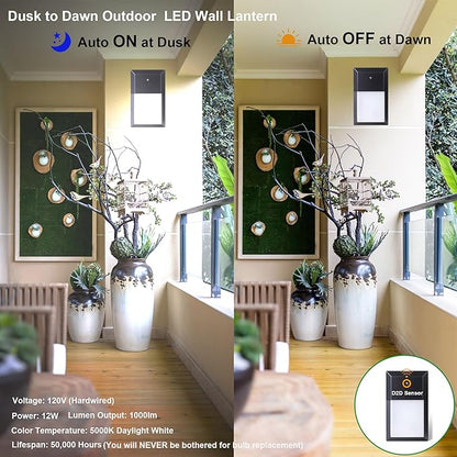 LIT-PaTH Dusk to Dawn Outdoor Wall Lantern, LED Wall Sconce for Porch Lighting Fixture, 12W 1000 Lumens, Aluminum Housing Plus PC, 1-Pack, 5000K-Black Finish