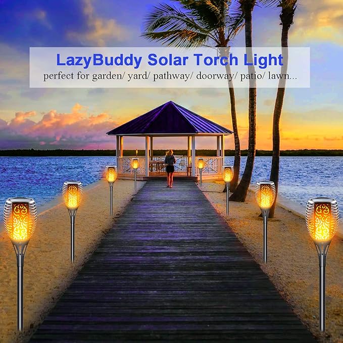 Large Size Solar Torch Light with Flickering Flame, Fire Effect Garden Lights Outdoor, IP65 Waterproof Tiki Torches for Pathway Yard Decor, Auto On/Off - Landscape Lighting (8 Pack)