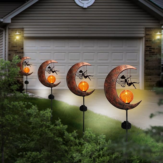 TERESA'S COLLECTIONS Solar Lights Outdoor for Garden Decor, 39" Metal Moon Fairy Pathway Light Garden Statues with Crackle Glass for Patio Decor Lawn Ornaments Yard Art for Outside, Gifts for Mom