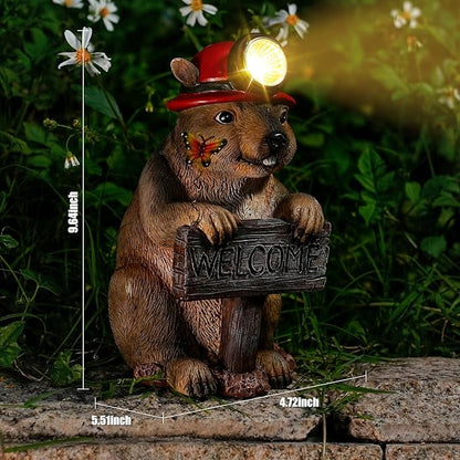 Groundhog Welcome Garden Statue with Solar Headlamp – Funny Animal Outdoor Yard Decor with LED Light and Butterfly – Waterproof Resin Garden Ornament for Patio, Lawn, Pathway