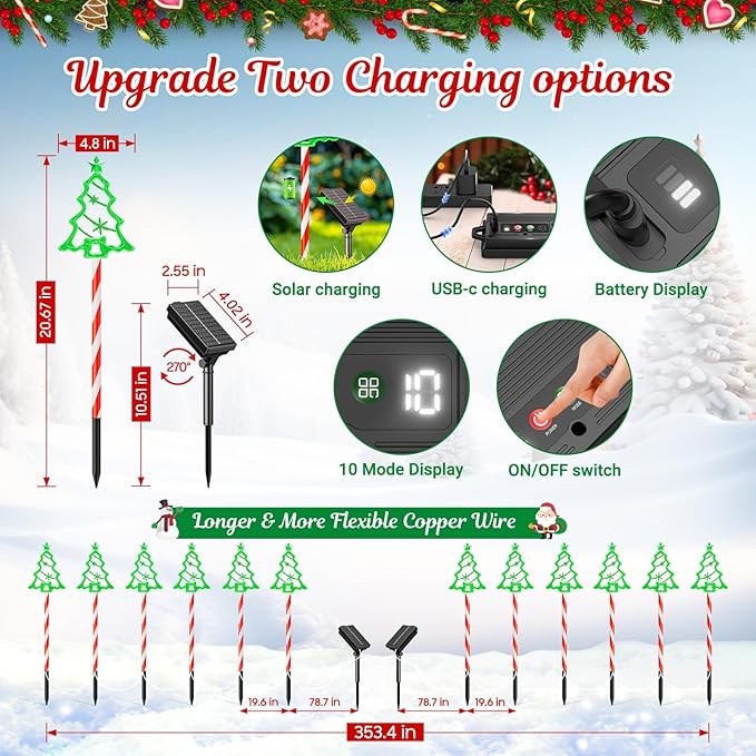 12 Pack Christmas Solar Pathway Lights Outdoor Decorations, 10 Modes Christmas Tree Candy Stake Lights with 156 | Lumora