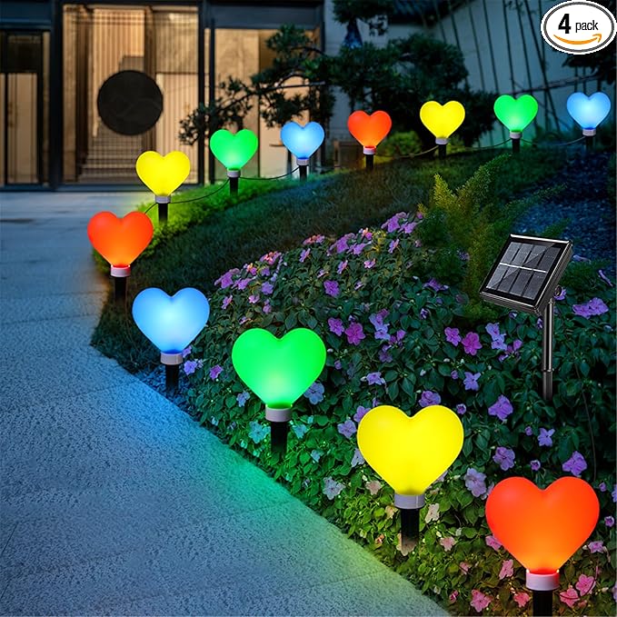 4 Pack Solar Red Heart Stake Lights for Valentines Day Decor, Outdoor Waterproof Heart Shaped Light for Garden Pathway Flowerbed Cemetery Grave Porch Walkway (Color)