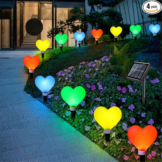 4 Pack Solar Red Heart Stake Lights for Valentines Day Decor, Outdoor Waterproof Heart Shaped Light for Garden Pathway Flowerbed Cemetery Grave Porch Walkway (Color)