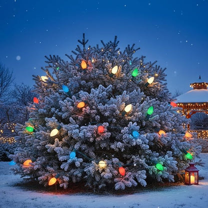 25Ft Outdoor Multicolor Ceramic Christmas String Lights,C9 Vintage Opaque Christmas String Lights for Patio Garden Xmas Tree Decoration,C9/ E17 Candelabra Base, Green Wire