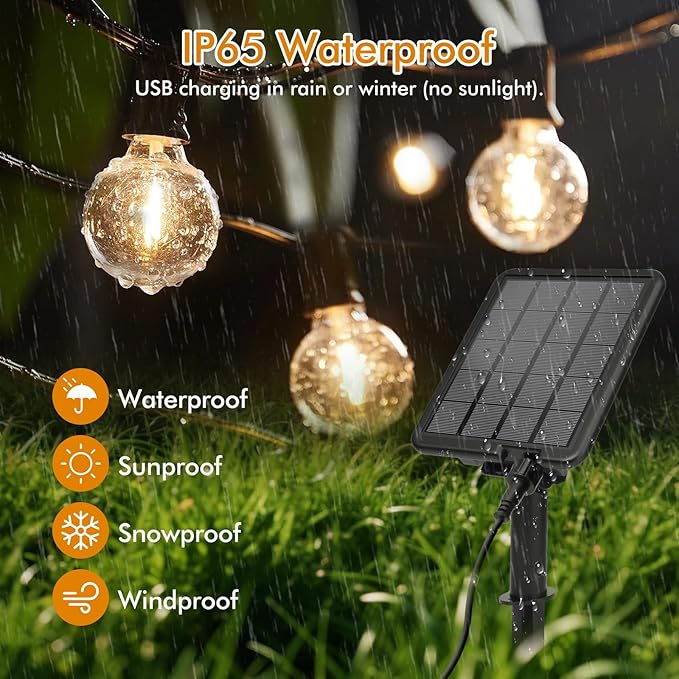 Solar String Lights Outdoor 50ft - 18+1 Shatterproof & Waterproof G40 LED Bulbs, Remote Control w/ 4 Dimming,3 Light Modes & Timer, Waterproof IP65 for Patio, Garden, Camping, Party, Christmas Décor
