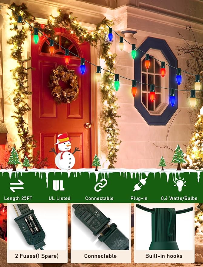 C9 LED Christmas Lights Outdoor 25Ft Outdoor Christmas Decorations String Light Waterproof with 26 C9 LED | Lumora