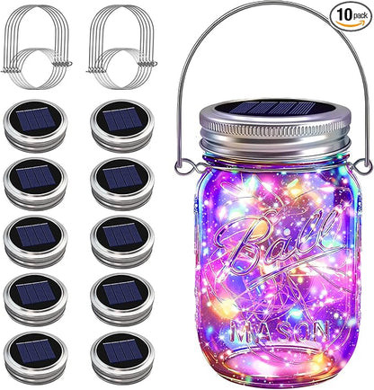 VOOKRY Solar Mason Jar Lid Lights - 10 Pack 30 Led Mason Jar Solar Lights Outdoor Fairy Lights with Hangers(No Jars) Waterproof for Mason Jar DIY Lanterns Patio Garden Decor Table Lights(Multicolor)
