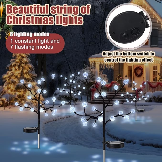 4 Pcs Outdoor Christmas Pathway Lights Decor Solar Christmas Stake Light Waterproof Outside Crystal LED Globe for Path Patio Garden Party Decor(White)