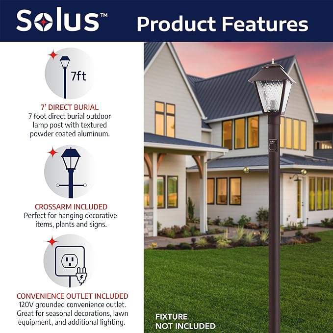 Solus 7-Foot Direct Burial Lamp Post – Outdoor Aluminum Light Pole with Decorative Cross Arm & 120V Outlet – Fits | Lumora