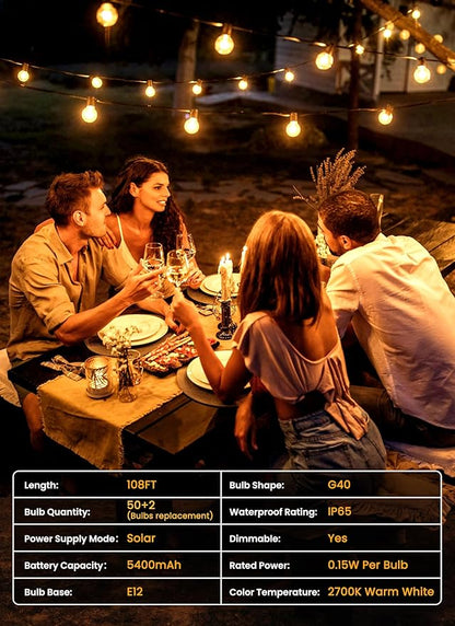 Brightown 108FT 52 LED Solar String Lights Outdoor with Remote & USB Port, Shatterproof Bulbs, Dimmable & Timable, 3 Light Modes, Patio Lights Solar Powered for Camping Backyard Garden Decor