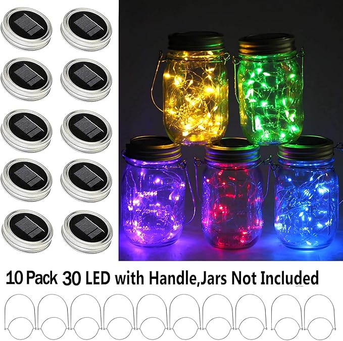 ANGMLN Solar Mason Jar Lights Lids, 10 Pack 30 LED Solar Fairy Lights for Regular Mouth Mason Jars, Outdoor Hanging Jar for Garden Yard Decor, Wedding Christmas Gifts (Jars Not Included), 5 Colors