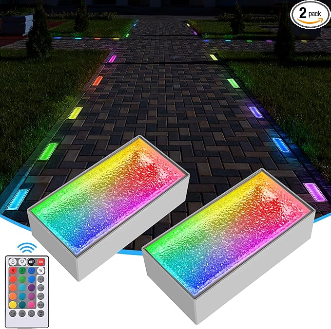 Solar Paver Lights, 4x8 Brick Driveway Lights, IP67 Waterproof Outdoor Pathway Light, Recessed Landscape Lighting for Walkway, Patio, Garden, Lawn, Yard, Pool, Pavers, Warm White+RGB, 2 Pack