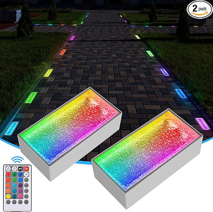 Solar Paver Lights, 4x8 Brick Driveway Lights, IP67 Waterproof Outdoor Pathway Light, Recessed Landscape Lighting for Walkway, Patio, Garden, Lawn, Yard, Pool, Pavers, Warm White+RGB, 2 Pack