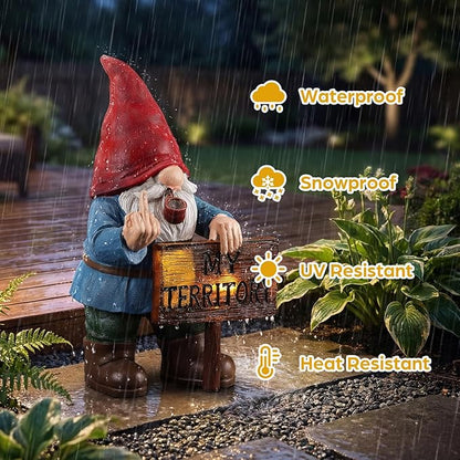 Lavezee Funny Garden Gnome, Middle Finger Gnomes Statue with Solar Lighted Sign – “My Territory” for Patio Backyard Porch Outdoor, Humorous Housewarming Birthday Gifts for Men Dad Husband