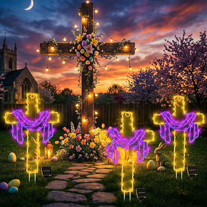 Retisee 3 Pack Easter Cross Solar Garden Lights Outdoor-12 Inch LED Lighted Cross Yard Stakes, Waterproof Solar | Lumora