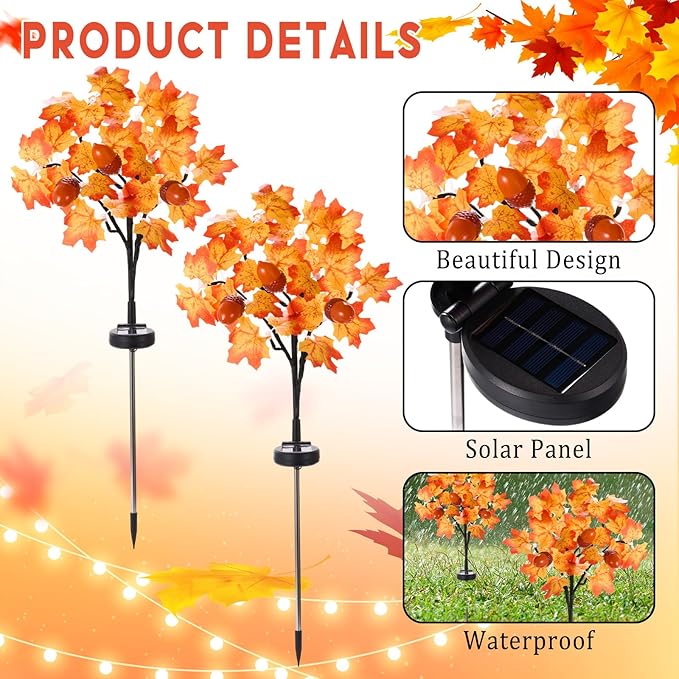 Capoda 2 Pack Fall Solar Lights Decorations Maple Leaf Led Outdoor Waterproof Solar Lights Decor for Autumn Thanksgiving Harvest Party Outside Home Yard Garden Porch Pathway Decor Supplies