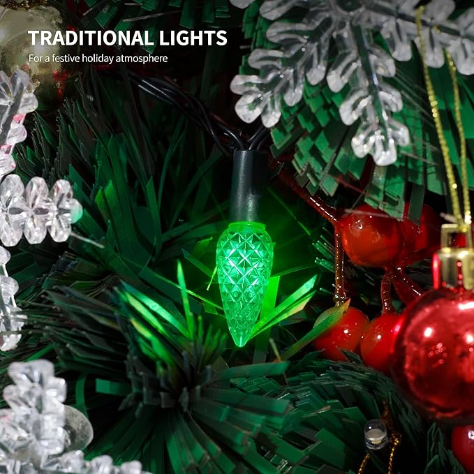 WATERGLIDE C6 Christmas Lights, 33ft 100 LED Faceted String Lights Green Wire Fairy Lights with 29V Safe Adaptor, 8 Lighting Mode, Waterproof for Indoor Outdoor Patio Xmas Tree Party Decor, Multicolor