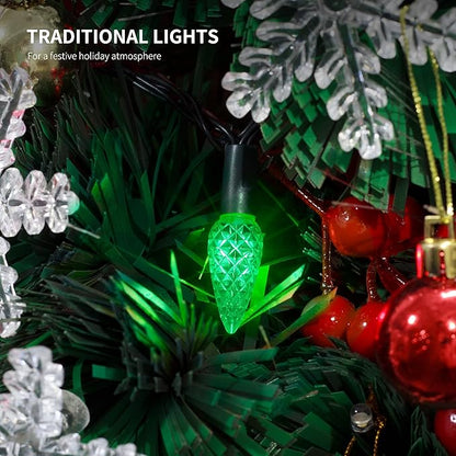 WATERGLIDE C6 Christmas Lights, 33ft 100 LED Faceted String Lights Green Wire Fairy Lights with 29V Safe Adaptor, 8 Lighting Mode, Waterproof for Indoor Outdoor Patio Xmas Tree Party Decor, Multicolor
