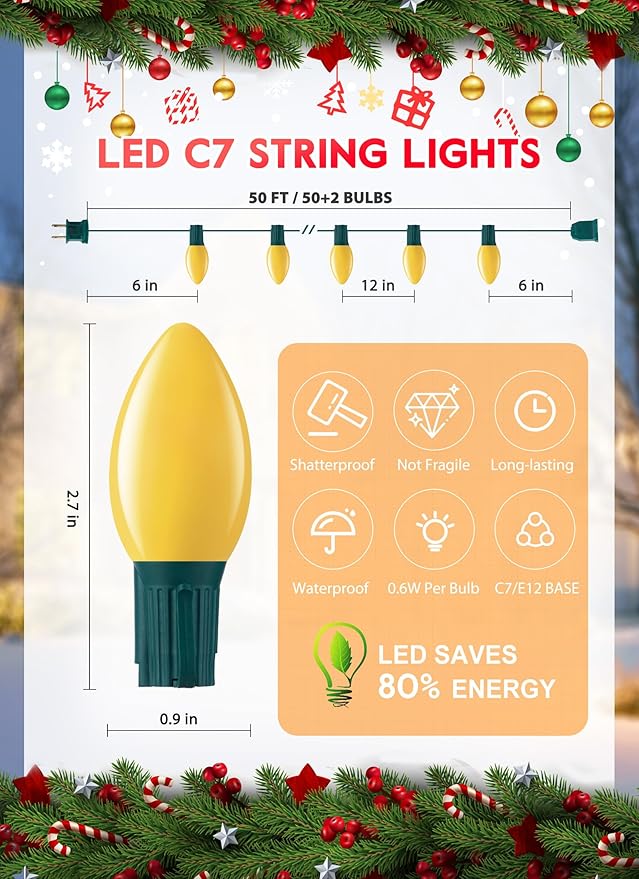 Minetom Multicolor C7 LED Christmas String Lights, 50FT 50 Lights C7 Vintage Christmas Lights, Commercial Connectable Christmas Tree Lights for Xmas Holiday Roofline Garden Wedding Decor, Warm White