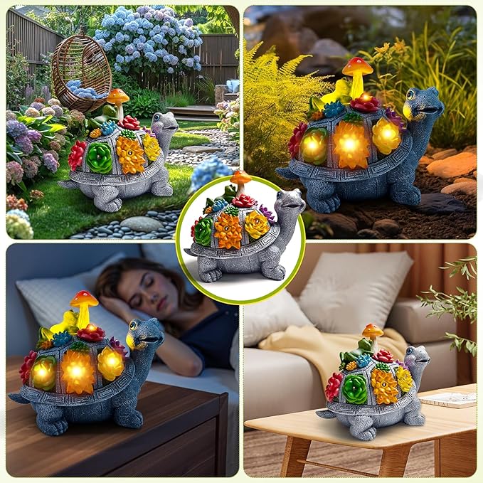 Solar Garden Outdoor Statues Turtle with Succulent and 9 LED Lights - Lawn Decor Tortoise Statue for Patio, Balcony, Yard Ornament - Unique Housewarming Gifts（8.5 Inch）
