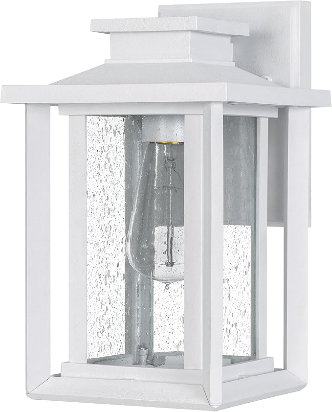 Quoizel Wakefield Vintage Wall Sconce, Coastal Armour 11 Inch 1-Light Matte White Wall Lantern, Clear Seedy Glass Light Fixtures, 100W Medium Base Bulb, Outside Lights for Patio, Porch or Garage