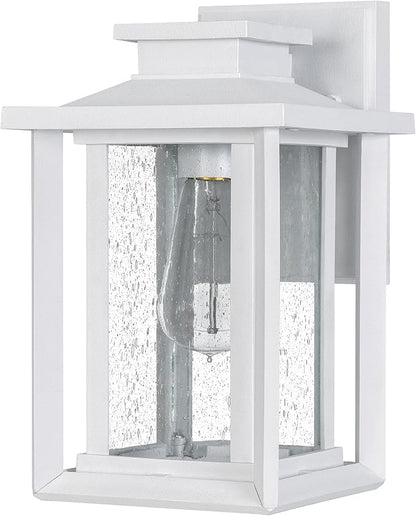 Quoizel Wakefield Vintage Wall Sconce, Coastal Armour 11 Inch 1-Light Matte White Wall Lantern, Clear Seedy Glass Light Fixtures, 100W Medium Base Bulb, Outside Lights for Patio, Porch or Garage