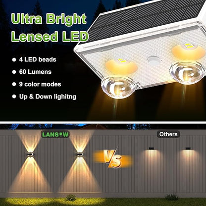 LANSOW Solar Fence Lights 8 Pack, Solar Powered Lights Outdoor Waterproof, 9-Mode Warm/Cool White & RGB Up-Down Led Spot Wall Lights Dusk to Dawn Decor for Backyard, Deck, Patio, Pool, Railing(White)