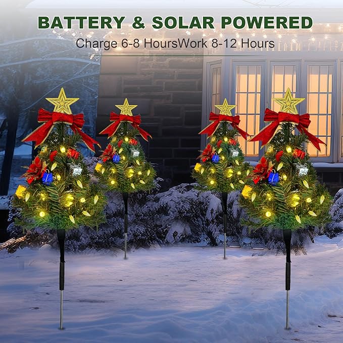 Solar Christmas Tree Pathway Lights Outdoor, Set of 4 Solar Christmas Tree Stake Lights, 80 Outdoor LEDs Xmas Decor, Christmas Decor DIY Xmas Tree Gift (Warm White)