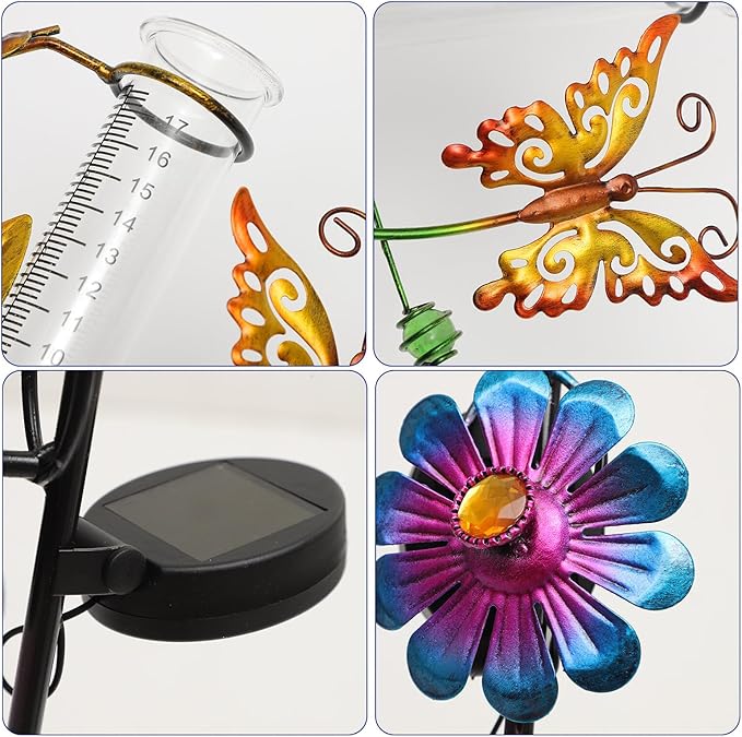 Zerodeko Solar Yard Lights with Decorative Butterfly Windmill and Rain Gauge, Solar Outdoor Garden Path Lights for Lawn and Patio, Solar-Powered Landscape Lighting