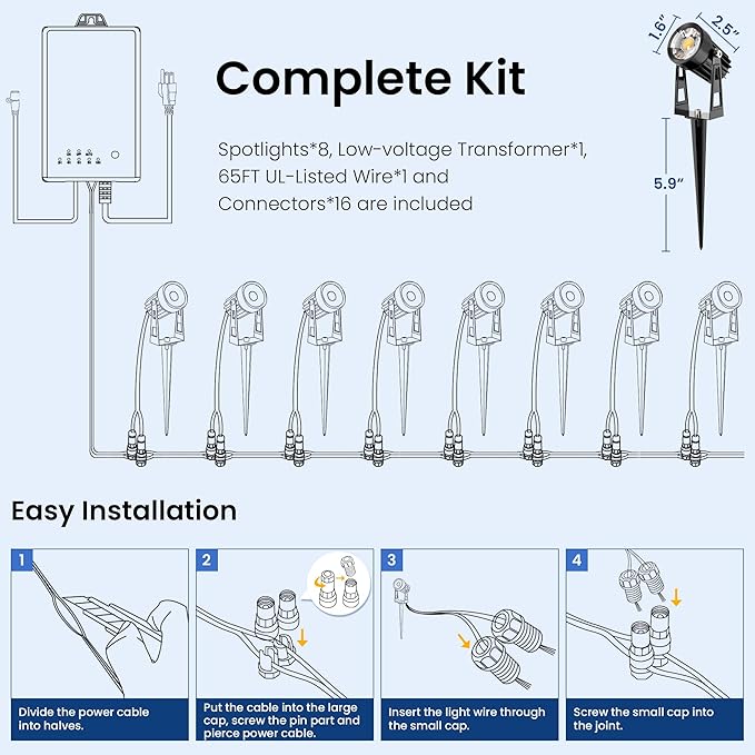 All-in-One Outdoor Low Voltage Landscape Lighting Kit, 8 Pack 3000K Landscape Spot Lights with 60W Transformer 65FT | Lumora