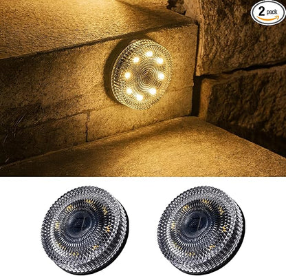 Glass Solar Deck Lights with Crystal Style, Modular-Design Waterproof Outdoor Fence Lights for Stairs Step Yard Patio Garden Wall Pathway, Decorative Patio Table Lighting, Warm White (2 Pack)